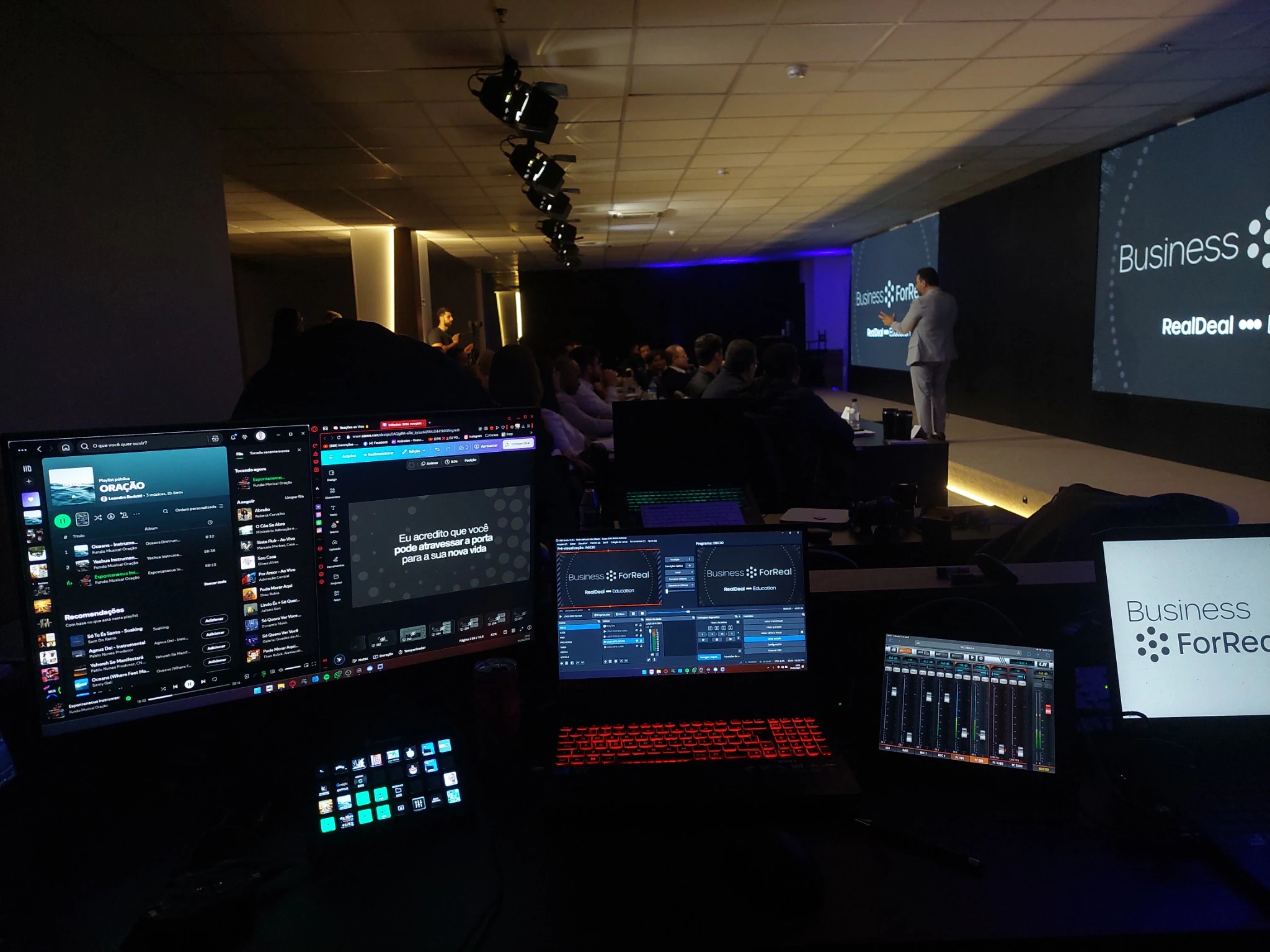 Operação audiovisual durante evento corporativo com telões e público